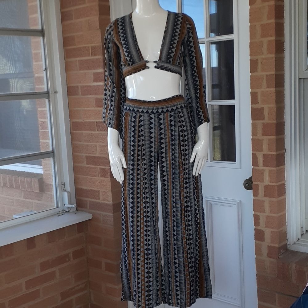 Fashion Nova Two Piece Set Boho Crop Top Wide Leg Pants SIZE S